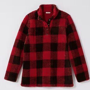 J Jill Bold Buffalo Check Plush Fluffy Faux Sherpa Pullover Large Red Black NWT